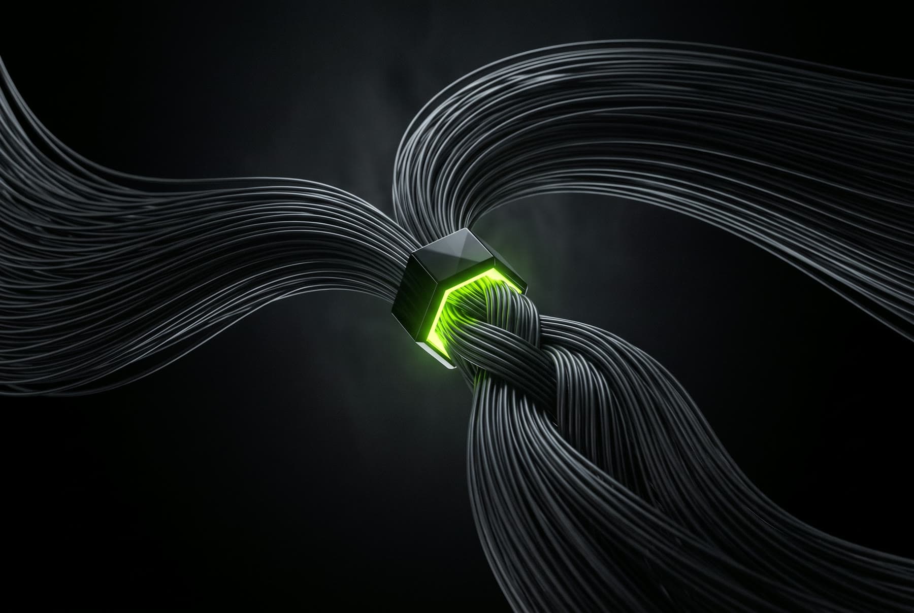 Dois feixes de fibras pretas se trançando num conector hexagonal aceso em verde